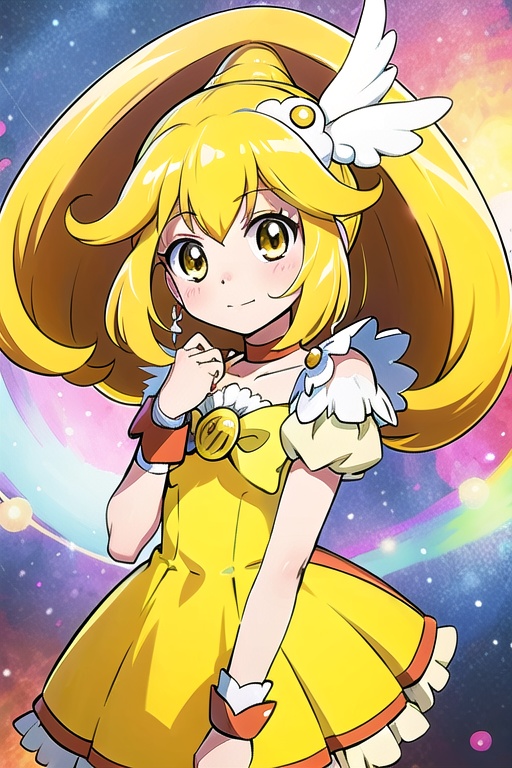 a woman in a yellow dress and a hat with a bird on her head,  symphogear,  anime girl named lucy on Tensor.Art
