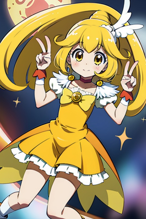 a woman in a yellow dress and a hat with a bird on her head,  symphogear,  anime girl named lucy on Tensor.Art