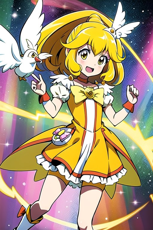a woman in a yellow dress and a hat with a bird on her head,  symphogear,  anime girl named lucy on Tensor.Art