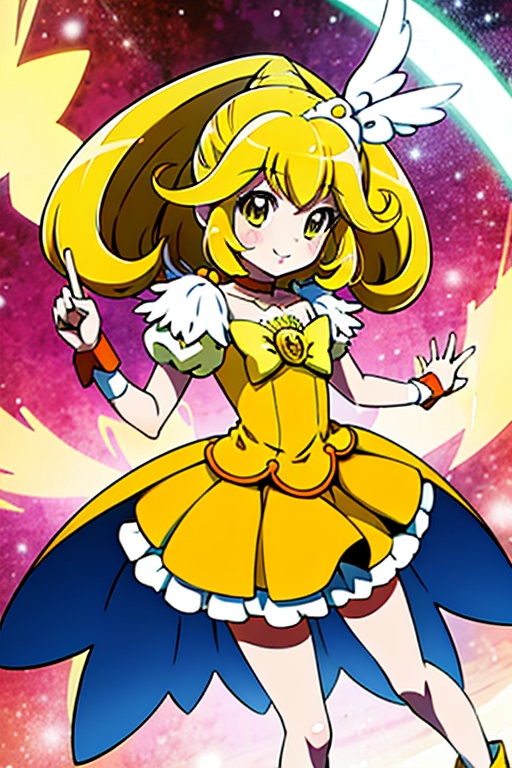 a girl in a yellow dress and a hat with a bird on her head,  symphogear,  anime girl named lucy on Tensor.Art