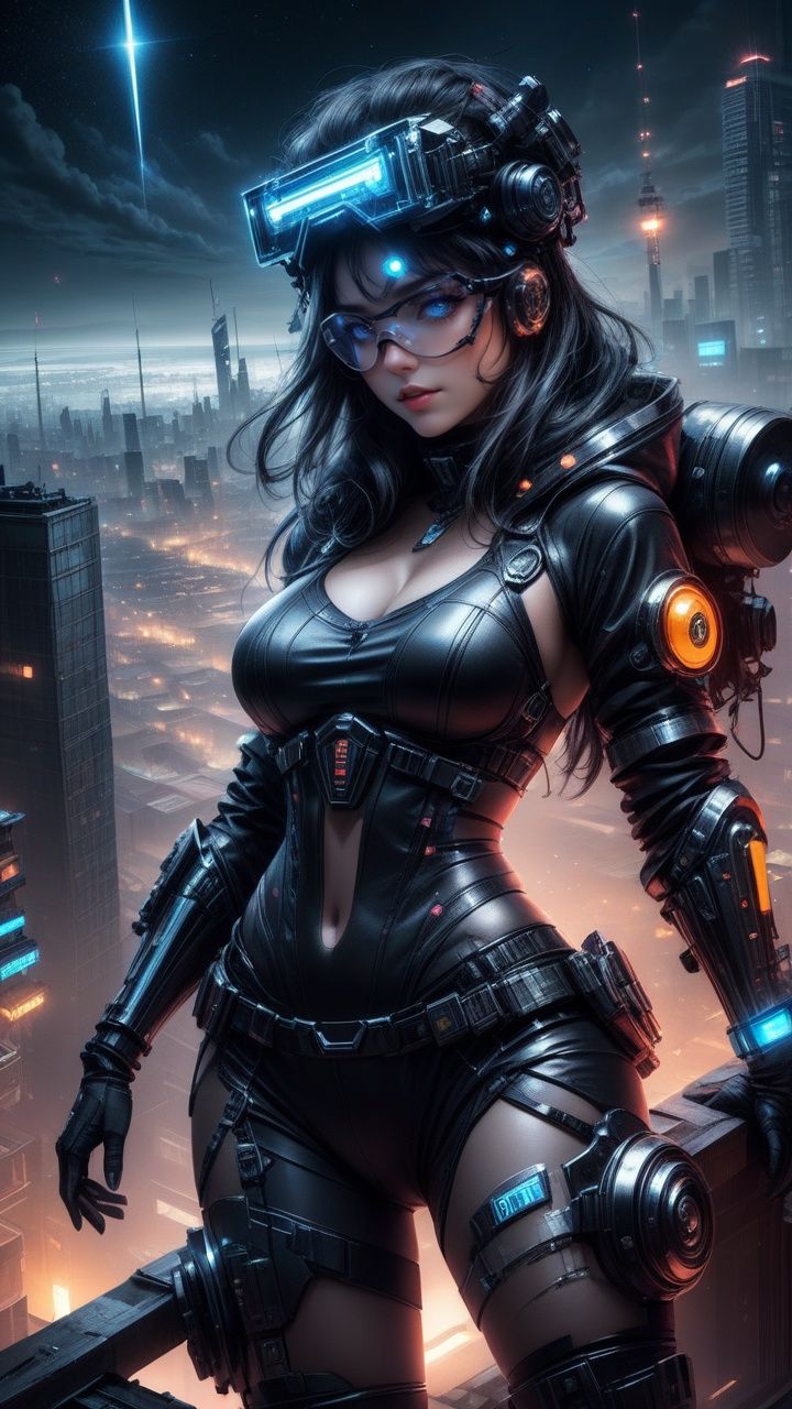 morisv, 1girl, breasts, solo, blue eyes, cyberpunk, night, black hair, headgear, building, looking at viewer, science fiction, dutch angle, navel, goggles on head, city, gloves,  elbow gloves, sky, mechanical legs