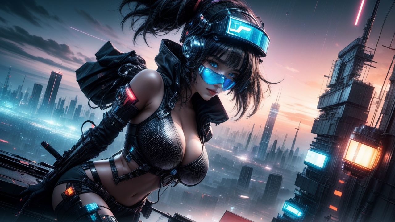 morisv, 1girl, breasts, solo, blue eyes, cyberpunk, night, black hair, headgear, building, looking at viewer, science fiction, dutch angle, navel, goggles on head, city, gloves,  elbow gloves, sky, mechanical legs