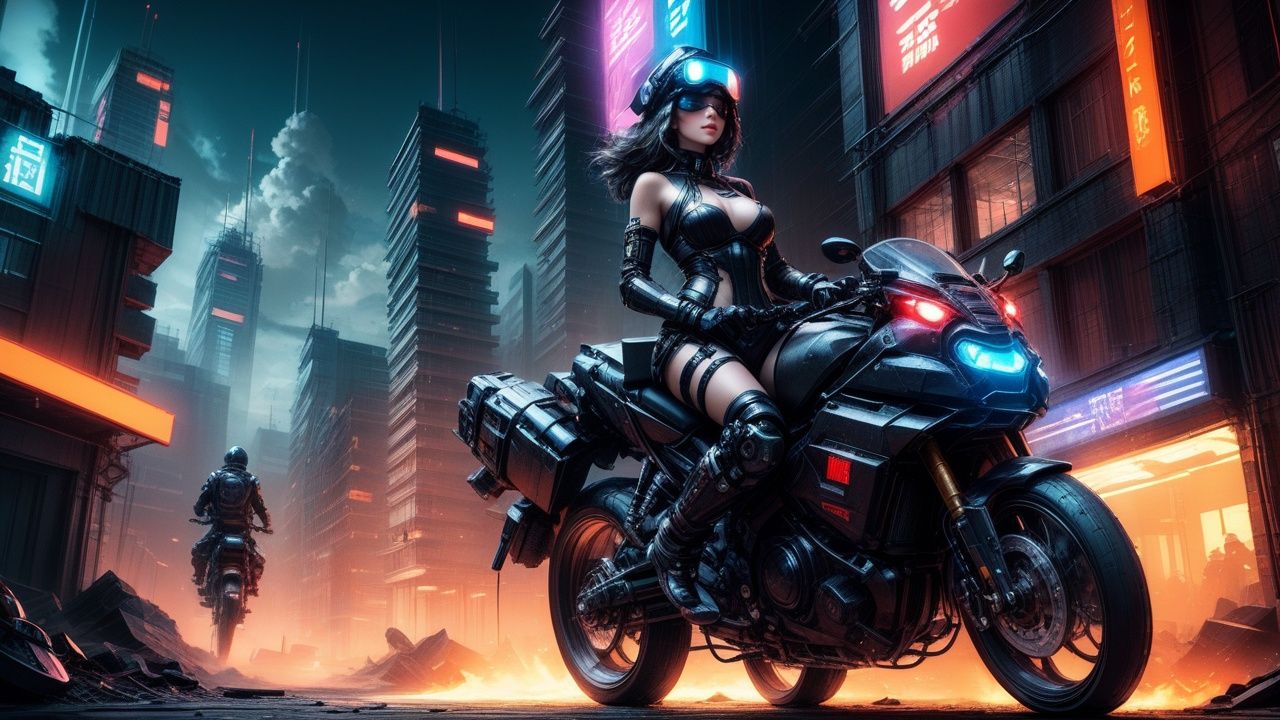 morisv, 1girl, breasts, solo, blue eyes, cyberpunk, night, black hair, headgear,Riding a motorcycle,building, looking at viewer, science fiction, dutch angle, navel, goggles on head, city, gloves,  elbow gloves, sky, mechanical legs