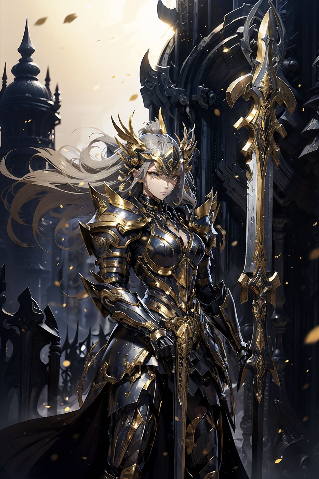 HeiJing1, armor, 1girl, weapon, long hair, sword, solo, holding weapon, holding, helmet, holding sword, breastplate, shoulder armor, gauntlets, full armor, pauldrons, closed mouth, floating hair, very long hair, standing, grey hair, valkyrie