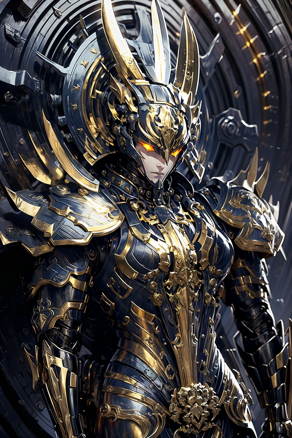 HeiJing1, armor, weapon, sword, full armor, gauntlets, solo, holding weapon, holding sword, holding, 1boy, shoulder armor, helmet, male focus, pauldrons, gold armor, cape, breastplate, standing, crown