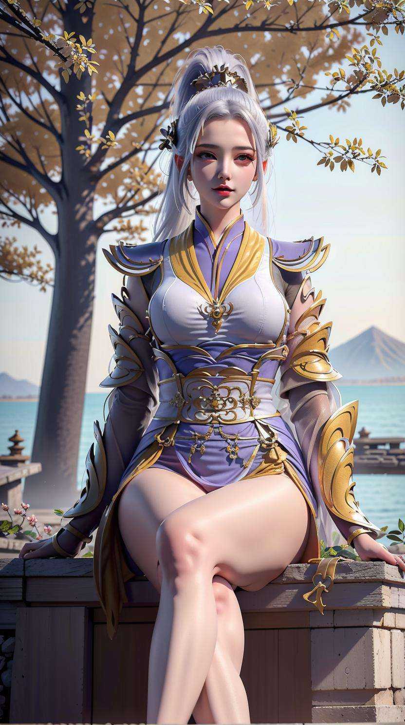 masterpiece,best quality,1girl,solo,(building:1.3),(sitting under the tree:1.3),(falling petals:1.2),(hanfu:1.3),   <lora:hanyue_20230610111320-000007:1>hanyue