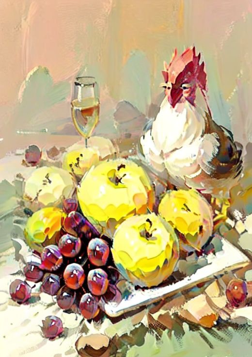 masterpiece,best quality,(Chicken:1.1),an apple,grapes,brushwork,lksecai,no humans,  <lora:lksecaiV2:0.9>
