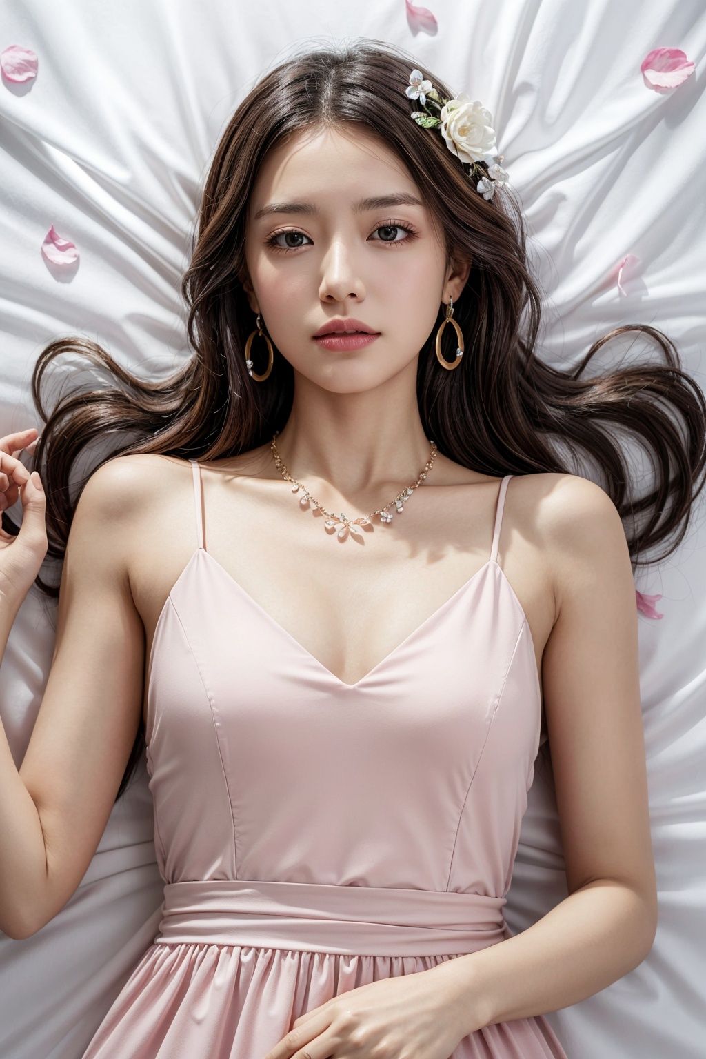 1girl,solo,jewelry,pink dress,earrings,flower,hair ornament,long hair,white dress,lying,upper body,looking at viewer,black hair,petals,falling petals,brown hair,on back,necklace, <lora:more_details:0.6>