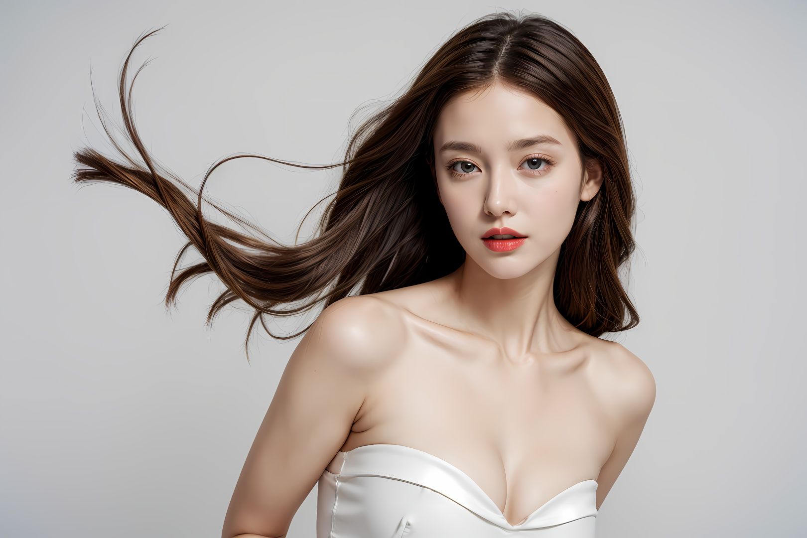 1girl, dress, long hair, solo, white dress, bare shoulders, breasts, brown hair, strapless, realistic, wings, red lips, lips, looking at viewer,strapless dress, collarbone,floating hair,blonde hair, dove,cleavage <lora:more_details:0.5>