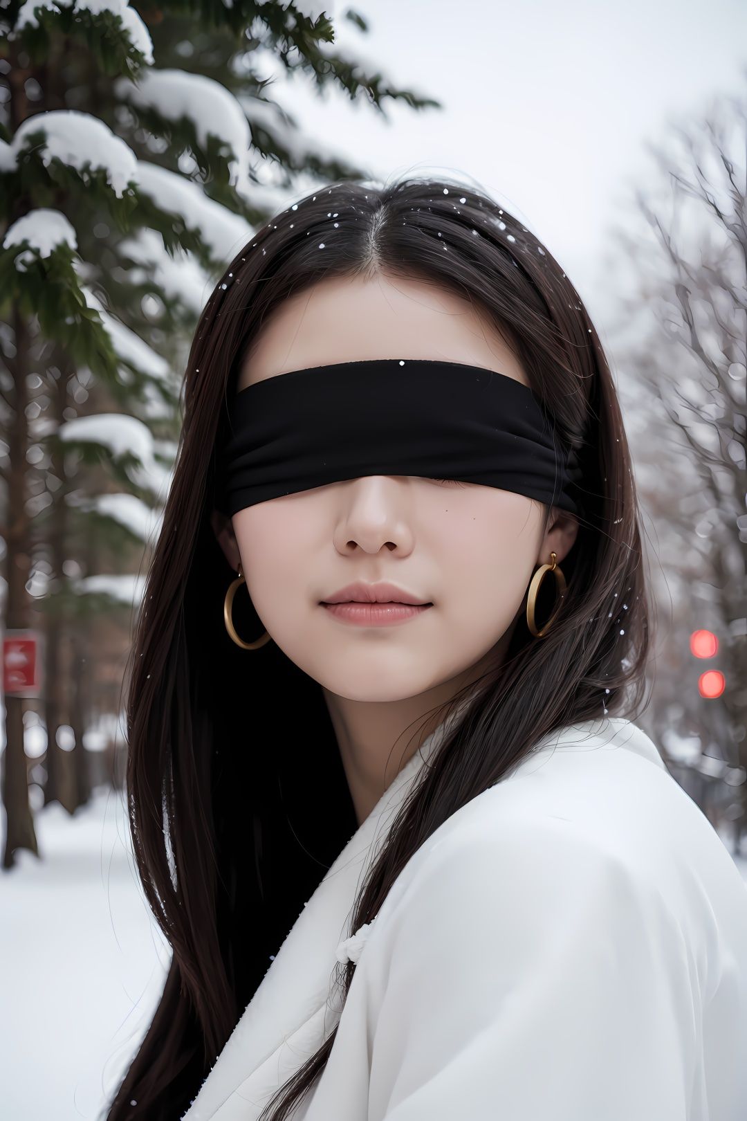 gufeng,1,1girl,long hair,solo,blindfold,jewelry,earrings,blurry background,upper body,white hair,blurry,covered eyes,snowing,closed mouth,lips,snow,facing viewer,black blindfold,ribbon,japanese clothes,