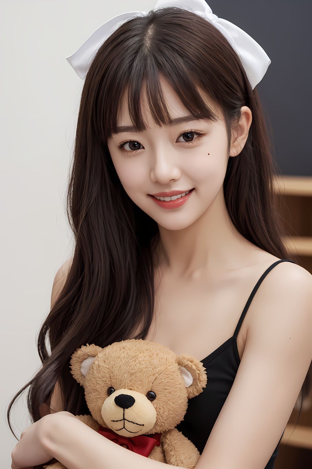 1girl, solo, stuffed toy, stuffed animal, long hair, bow, looking at viewer, hair bow, smile, black hair, ribbon, brown hair, upper body, teddy bear, bangs, mole