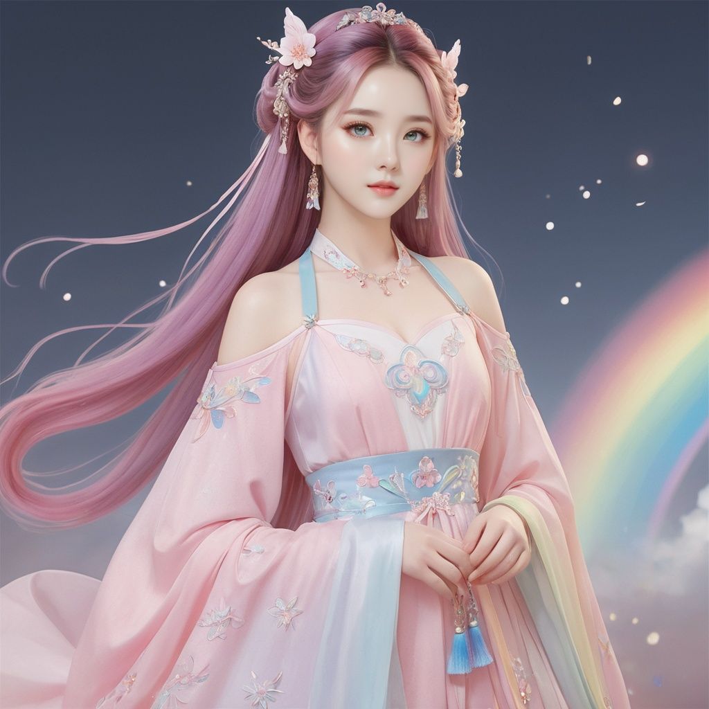  extremely detailed CG, 8k_wallpaper, masterpiece, watercolor_, medium, beautiful detailed starry sky, cinmatic lighting, princess, very long rainbow hair, looking at viewer, full body, frills, far from viewer, extremely detailed face, an extremely delicate and beautiful girl, extremely detailed cute anime face, extremely detailed eyes, extremely detailed body, ultra detailed, bare stomach, bare shoulder, small breast, sideboob, floating and rainbow hair, Iridescence and rainbow hair, Iridescence and rainbow eyes, beautiful detailed hair, beautiful detailed dress, dramatic angle, expressionless, big top sleeves, frills, blush, ahoge, hanfu, Chinese horse face skirt, illustration, best quality