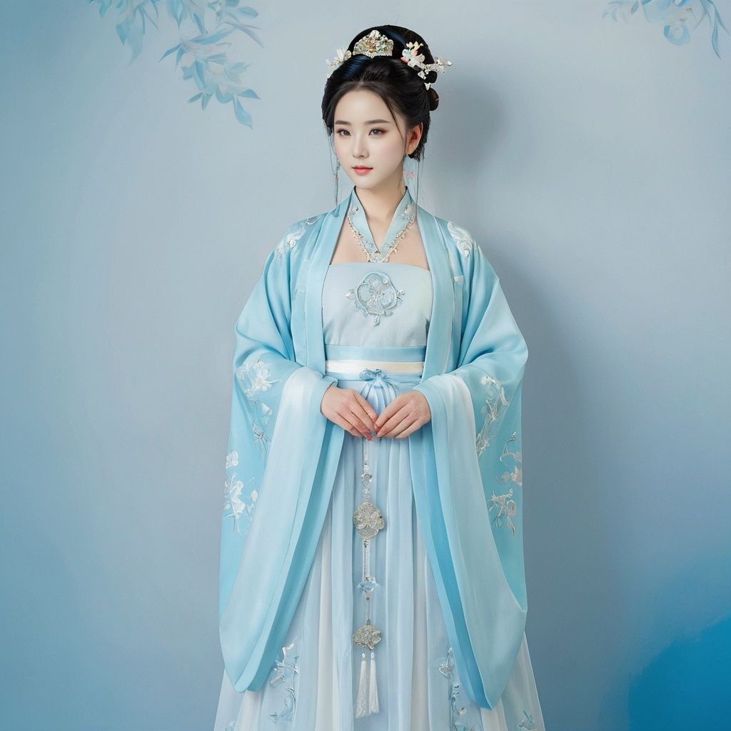  masterpiece, HanFu, 1girl, solo, Lovely, Look at me, jewelry, necklace, hair ornament, black hair, full body, dress, chinese clothes, standing, hair bun, tiara, Blue background wall, Pick flower carvings on the wall, textured skin, super detail, best quality