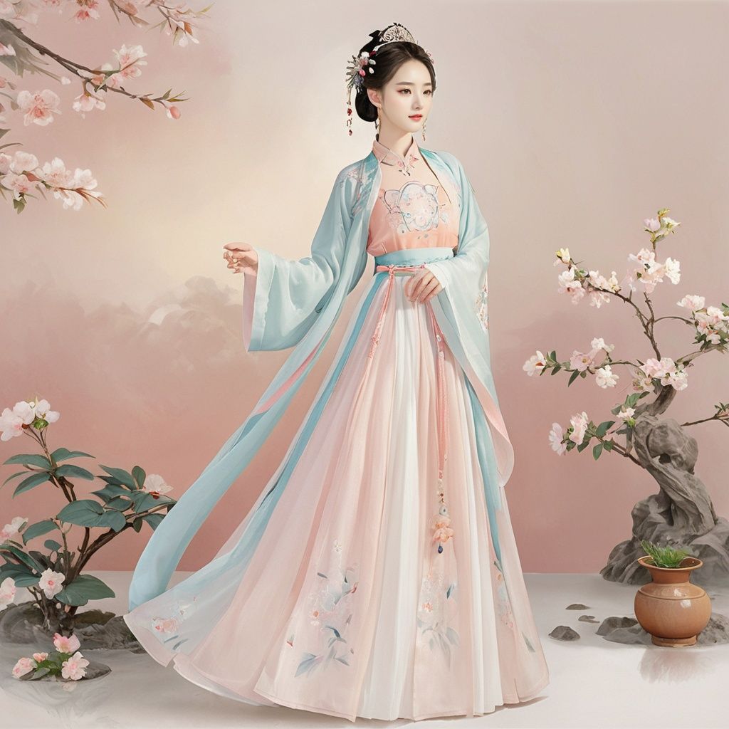  masterpiece, HanFu, 1 girl, solo, Lovely, Look at me, jewelry, necklace, hair ornament, Tea hair, full body, dress, chinese clothes, standing, tiara, White background wall, Peach blossom tree decoration, Potted plant, Petals on the ground, Landscape mural, Dunhuang, Photographic sets, Light and shadow, textured skin, super detail, best quality