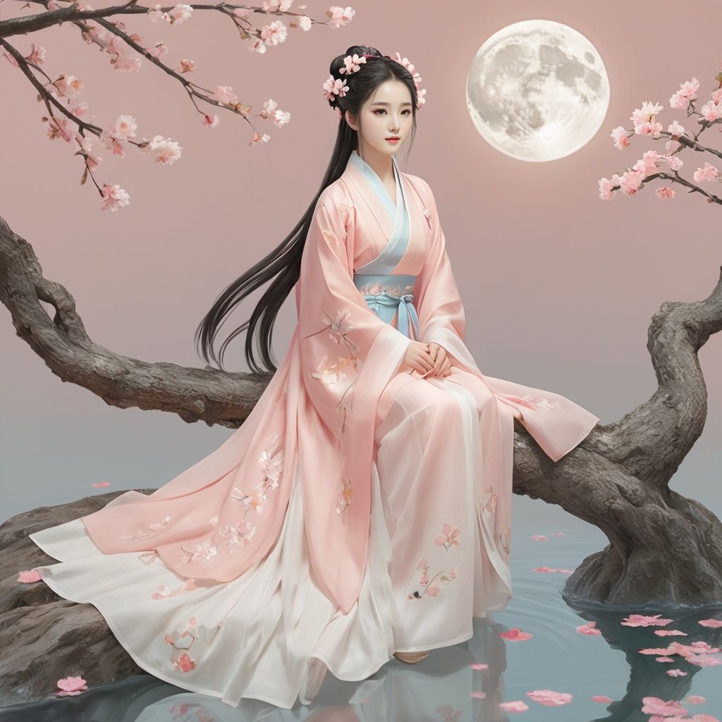  masterpiece, HanFu, 1 girl, Look at me, Lovely, incredibly_absurdres, refined rendering, highres, original, night_sky, sitting on the tree, Black hair, little double bun, floating ribbon, peach blossom, flowers, tree, flower, Petals on water, floating Petals, highly detailed, HanFu, full moon, illustration, textured skin, super detail, best quality, UHD, 4K