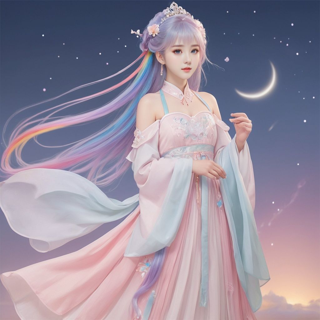  extremely detailed CG, 8k_wallpaper, masterpiece, watercolor_, medium, beautiful detailed starry sky, cinmatic lighting, princess, very long rainbow hair, looking at viewer, full body, frills, far from viewer, extremely detailed face, an extremely delicate and beautiful girl, extremely detailed cute anime face, extremely detailed eyes, extremely detailed body, ultra detailed, bare stomach, bare shoulder, small breast, sideboob, floating and rainbow hair, Iridescence and rainbow hair, Iridescence and rainbow eyes, beautiful detailed hair, beautiful detailed dress, dramatic angle, expressionless, big top sleeves, frills, blush, ahoge, hanfu, Chinese horse face skirt, illustration, best quality