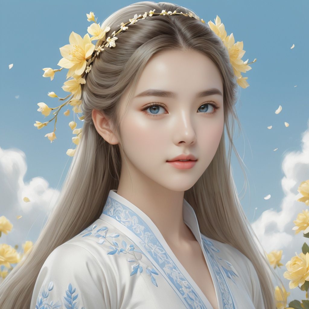  super fine illustration,masterpiece, best quality,{beautiful detailed eyes},1girl,finely detail,Depth of field, 4k wallpaper,bluesky,cumulus,wind,insanely detailed frills,extremely detailed lace,BLUE SKY,very long hair,Slightly open mouth,high ponytail,silver hair,small Breasts,cumulonimbus capillatus,slender waist,There are many scattered luminous petals,Hidden in the light yellow flowers,Depth of field,She bowed her head in frustration,Many flying drops of water,Upper body exposed,Many scattered leaves,branch ,angle ,contour deepening,cinematic angle ,{{{Classic decorative border}}},Look at me, Face me., Portrait