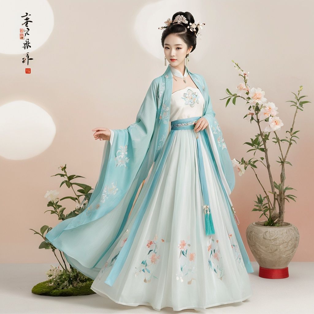  masterpiece, HanFu, 1girl, solo, Lovely, Look at me, jewelry, necklace, hair ornament, black hair, full body, dress, chinese clothes, standing, hair bun, tiara, White background wall, Pick flower carvings on the wall, rise and dance in a happy mood, Potted plant, Petals on the ground, Dunhuang dress, textured skin, super detail, best quality