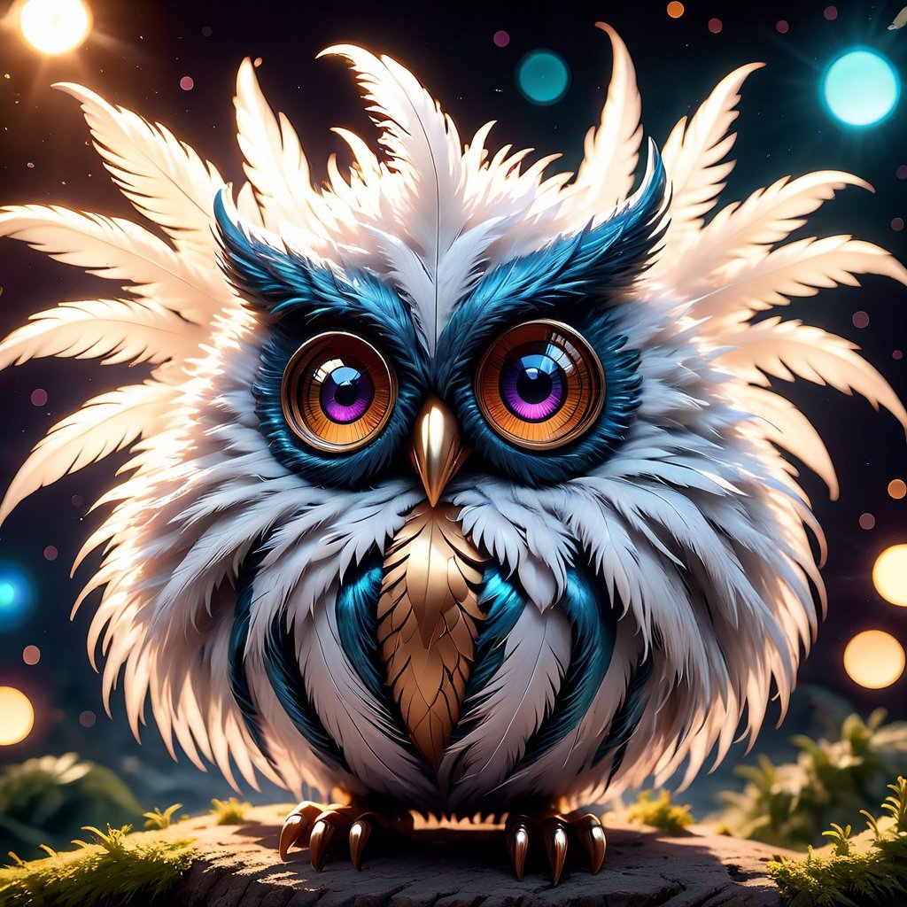 (Imagine a cuddly, feathery monster inspired by a marshmallow, with a puffy body covered in downy feathers, a cheerful, smiling face, and soft, pillowy limbs that make it a huggable companion), 8k octane render, high detail, masterpiece, hyperdetailed, intricate details, 8K resolution, Cinema 4D, Behance HD, Unreal Engine 5, rendered in Blender, sci-fi, futuristic, trending on Artstation, epic, cinematic background, dramatic, atmospheric, (masterpiece, best quality:1.2), Professional photography, bokeh, natural lighting, canon lens, shot on dslr 64 megapixels sharp focus, complex,Renaissance Sci-Fi Fantasy,cyborg style