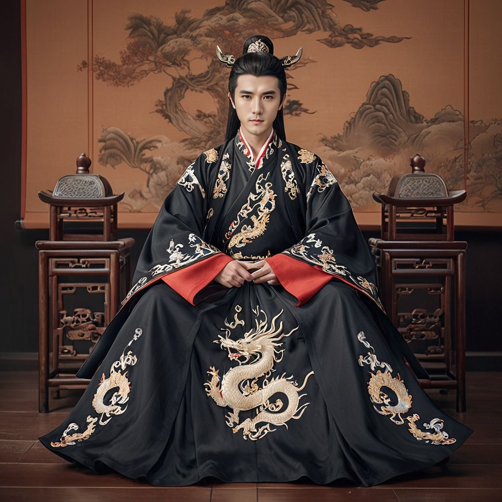  cinematic photo A handsome 30-year-old man wearing a black and magnificent Hanfu, with dragon and phoenix embroidery, sitting on the throne in an indoor setting, looking at me with a cold and majestic expression. The scene is richly detailed with Chinese architecture. A high-quality, full-body shot photo of the most beautiful artwork in the world featuring a Hanfu-clad man sitting on a throne in a palace, surrounded by rich cultural details, capturing the essence of ancient China, trending on ArtStation, trending on CGSociety, intricate, high detail, sharp focus, dramatic, photorealistic painting art by midjourney and greg rutkowski. . 35mm photograph, film, bokeh, professional, 4k, highly detailed