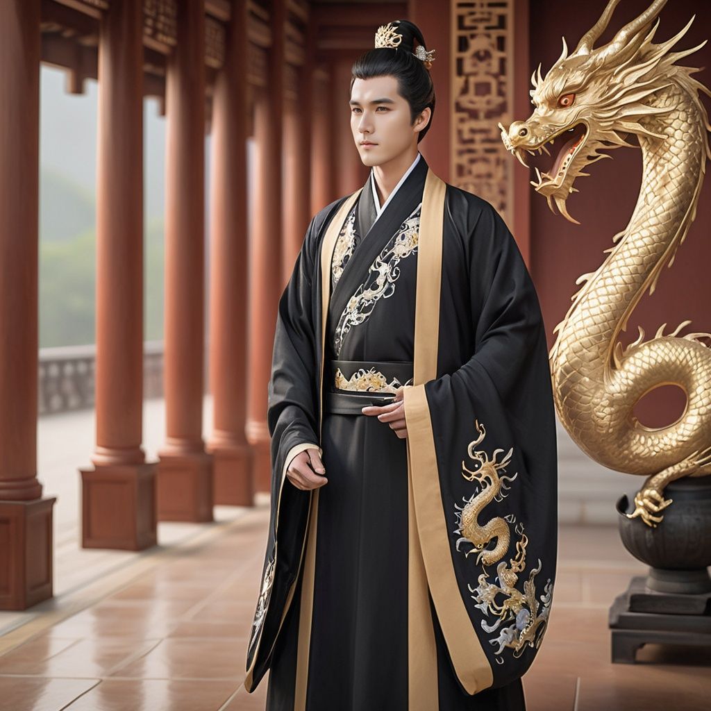  concept art A 25-year-old man with an imposing appearance, wearing a black Hanfu with golden dragon embroidery. He is surrounded by 12 concubines in a palace setting, with intricate details of dragon pillars and a rich scene. High-resolution image, highly detailed, photorealistic painting art by Gregory Manchess, trending on ArtStation, trending on CGSociety, Intricate, High Detail, Sharp focus, dramatic, photorealistic painting art by midjourney and greg rutkowski. . digital artwork, illustrative, painterly, matte painting, highly detailed