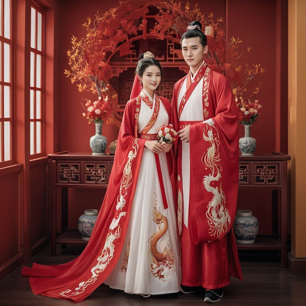  concept art ,A 25-year-old man and woman are getting married in a traditional Chinese wedding ceremony. They are wearing magnificent Hanfu, with the man's red robe adorned with dragon and phoenix embroidery. The woman wears a red veil on her head, and her face is filled with happiness. They stand in a wedding room decorated with festive red decorations, surrounded by various symbols of good luck. The scene is full of joyful atmosphere and solemnity of traditional weddings. High-resolution image, detailed and intricate, full of cultural elements, trending on ArtStation, trending on CGSociety, photorealistic painting art by Gregory Manchess, Antonio Moro, trending on DeviantArt, Intricate, High Detail, Sharp focus, dramatic, photorealistic painting art by midjourney and greg rutkowski. . digital artwork, illustrative, painterly, matte painting, highly detailed