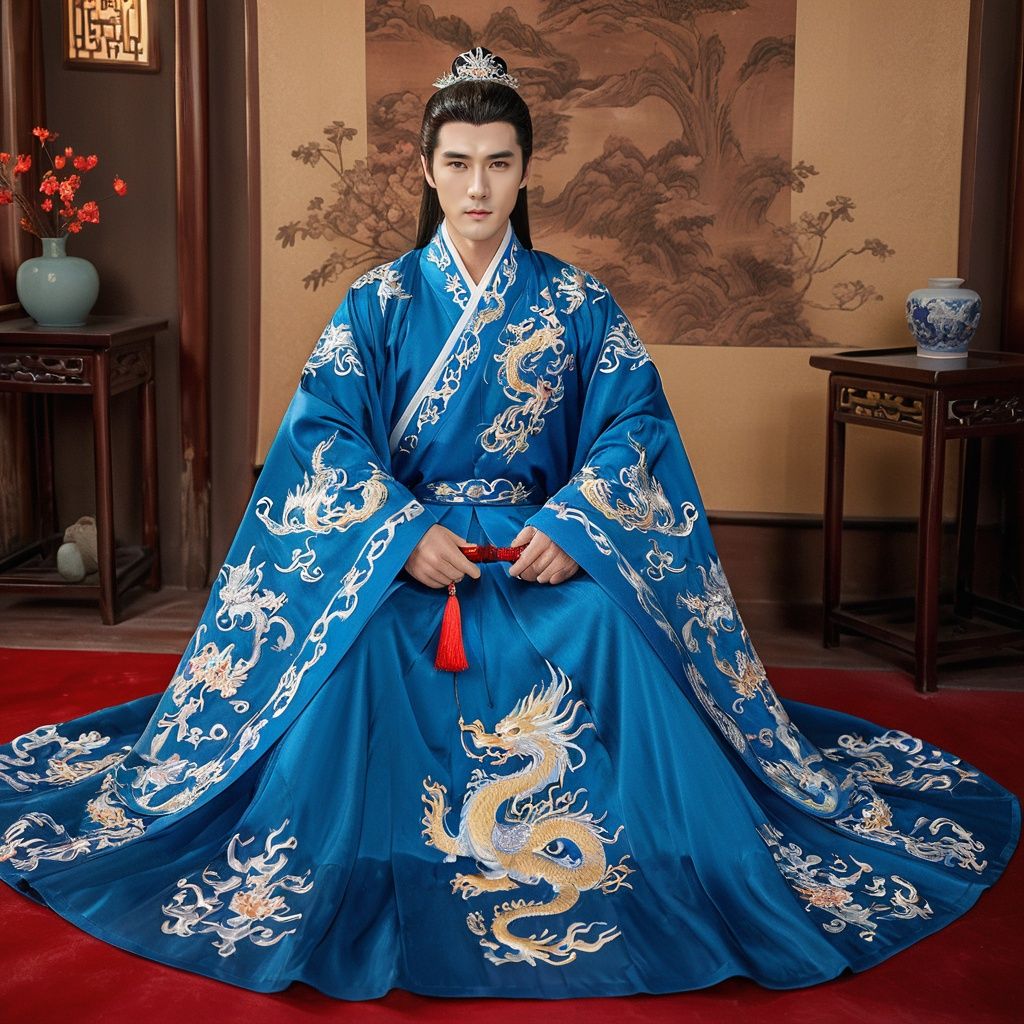  A majestic and handsome man dressed in a magnificent Hanfu, with dragon and phoenix embroidery, sitting on the throne in the palace, looking at me with a rich scene of details. His eyes are full of wisdom and authority, his clothing is gorgeous and exquisite, the dragon and phoenix embroidery details are amazing. The interior of the palace is luxuriously decorated with golden ornaments that shine brightly, making it look very noble. The entire scene is full of the royal atmosphere and solemn ceremony sense.