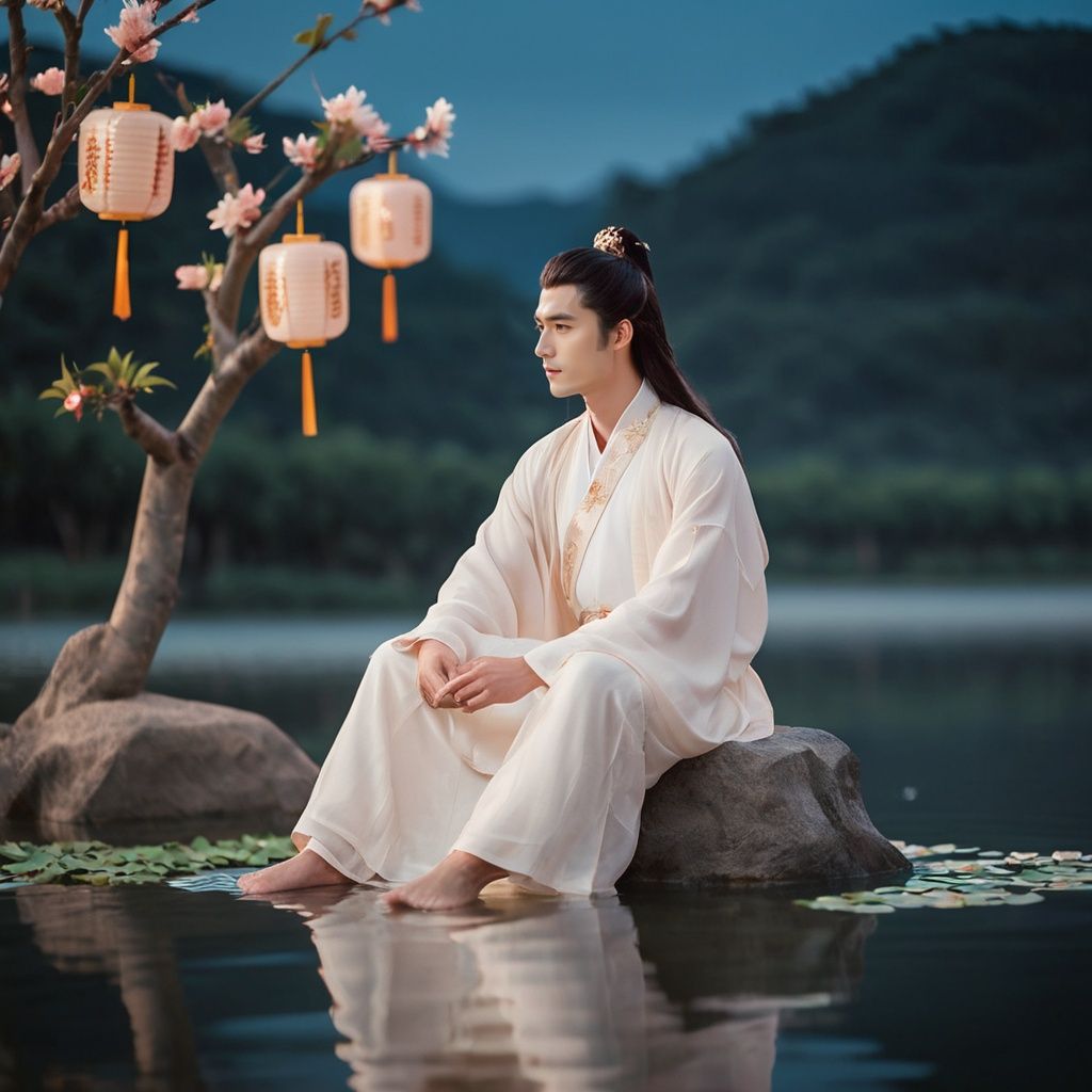  cinematic photo , A handsome man dressed in a gorgeous white Hanfu, sitting on a peach tree at the center of the lake. His long hair flutters in the breeze, and he is barefoot, stepping lightly on the water. Peach petals and lanterns float on the surface of the lake, adding a touch of romance. The night sky is filled with colorful stars, and the full moon shines brightly. This is a mysterious and romantic night scene. . 35mm photograph, film, bokeh, professional, 4k, highly detailed