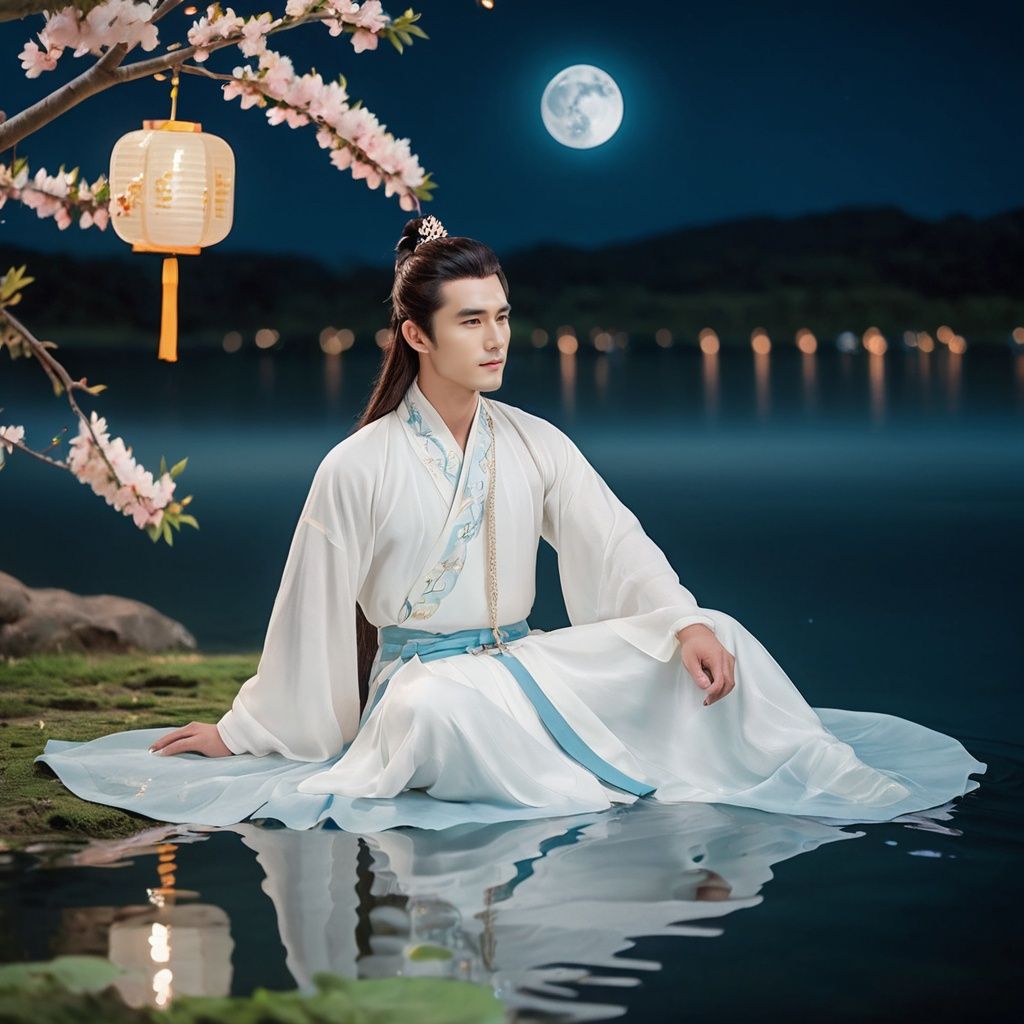  cinematic photo , A handsome man dressed in a gorgeous white Hanfu, sitting on a peach tree at the center of the lake. His long hair flutters in the breeze, and he is barefoot, stepping lightly on the water. Peach petals and lanterns float on the surface of the lake, adding a touch of romance. The night sky is filled with colorful stars, and the full moon shines brightly. This is a mysterious and romantic night scene. . 35mm photograph, film, bokeh, professional, 4k, highly detailed