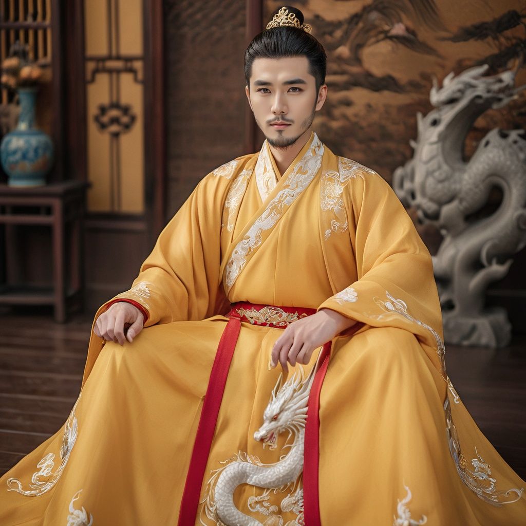  A majestic and handsome 30-year-old man with a beard, looking cold and imposing. He is dressed in a gorgeous golden Hanfu, with intricate dragon and phoenix embroidery on the dragon robe. He sits on the throne in the palace, gazing at you intently. The rich scene details present a magnificent picture.