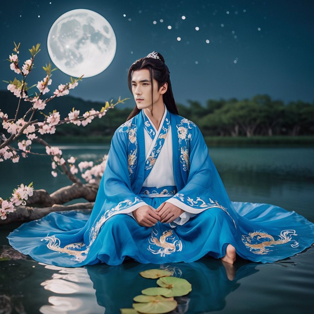  cinematic photo A handsome man sitting on a peach blossom branch in the center of the lake, wearing a gorgeous blue Hanfu with dragon and phoenix embroidery, long hair, bare feet, peach blossom petals floating on the water. The night sky is full of stars, with a full moon. A rich and beautiful scene. . 35mm photograph, film, bokeh, professional, 4k, highly detailed