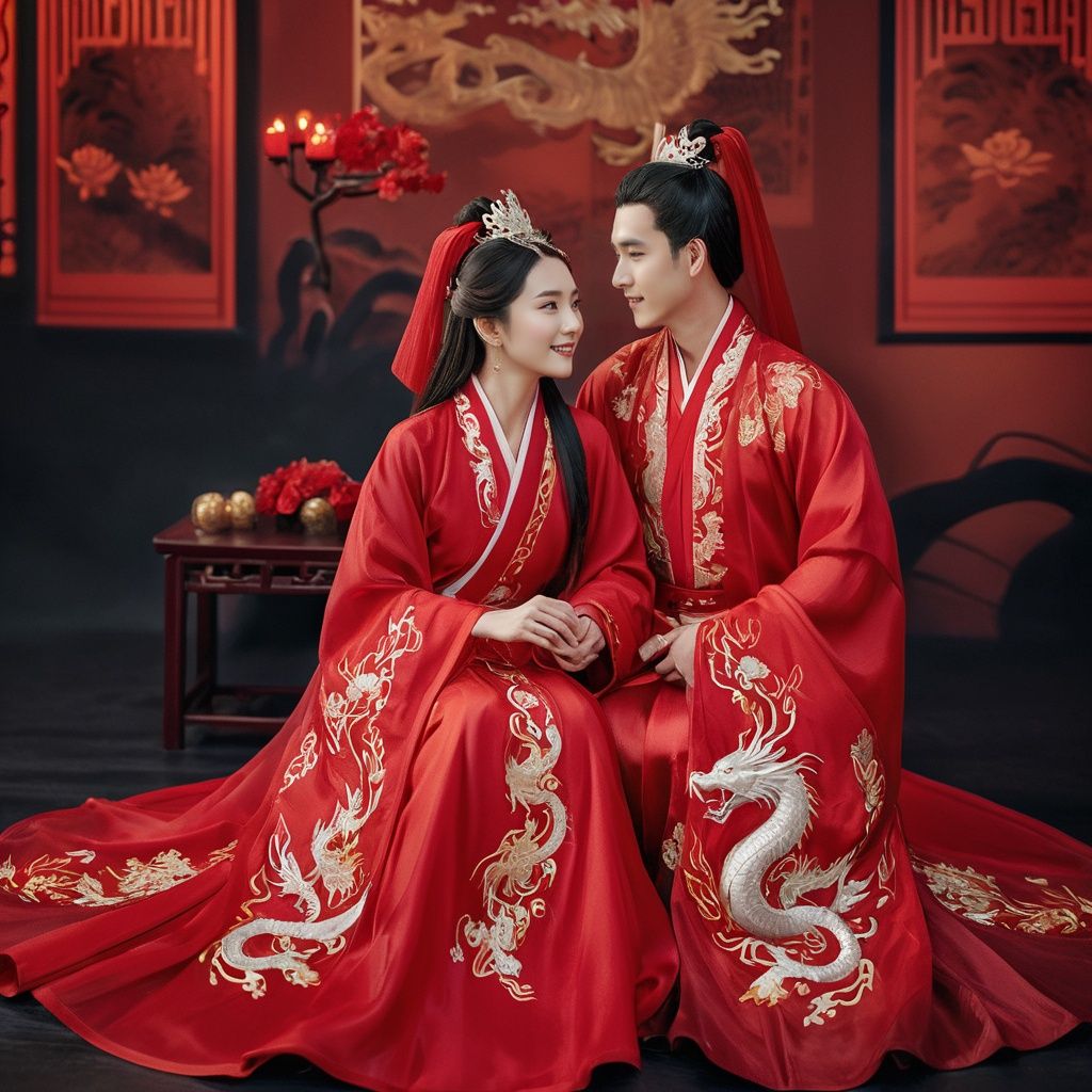  concept art A 25-year-old man and woman are getting married in a traditional Chinese wedding ceremony. They are wearing magnificent Hanfu, with the man's red robe adorned with dragon and phoenix embroidery. The woman wears a red veil on her head, and her face is filled with happiness. They stand in a wedding room decorated with festive red decorations, surrounded by various symbols of good luck. The scene is full of joyful atmosphere and solemnity of traditional weddings. High-resolution image, detailed and intricate, full of cultural elements, trending on ArtStation, trending on CGSociety, photorealistic painting art by Gregory Manchess, Antonio Moro, trending on DeviantArt, Intricate, High Detail, Sharp focus, dramatic, photorealistic painting art by midjourney and greg rutkowski. . digital artwork, illustrative, painterly, matte painting, highly detailed