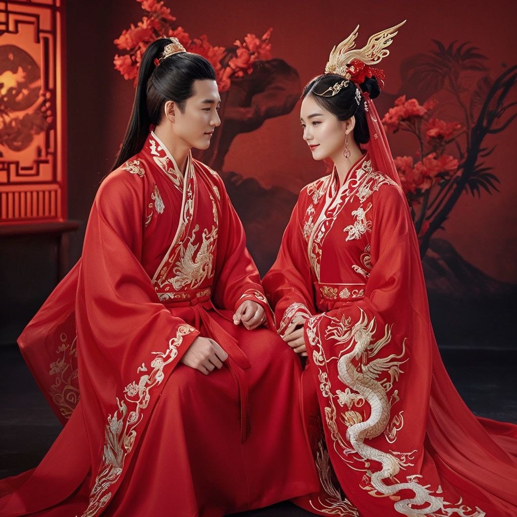  concept art A 25-year-old man and woman are getting married in a traditional Chinese wedding ceremony. They are wearing magnificent Hanfu, with the man's red robe adorned with dragon and phoenix embroidery. The woman wears a red veil on her head, and her face is filled with happiness. They stand in a wedding room decorated with festive red decorations, surrounded by various symbols of good luck. The scene is full of joyful atmosphere and solemnity of traditional weddings. High-resolution image, detailed and intricate, full of cultural elements, trending on ArtStation, trending on CGSociety, photorealistic painting art by Gregory Manchess, Antonio Moro, trending on DeviantArt, Intricate, High Detail, Sharp focus, dramatic, photorealistic painting art by midjourney and greg rutkowski. . digital artwork, illustrative, painterly, matte painting, highly detailed