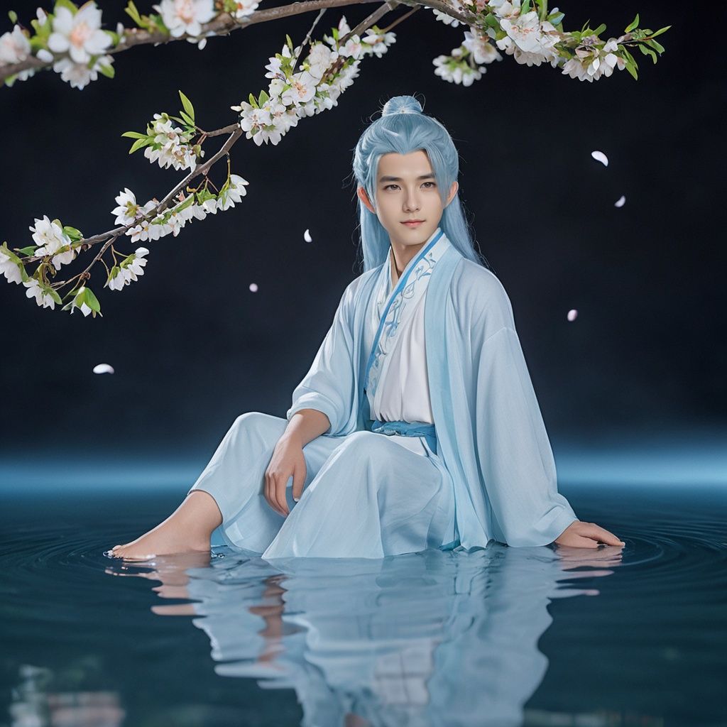  cinematic photo (best quality), (masterpiece), incredibly_absurdres, highly detailed, refined rendering, illustration, (highres), original, night_sky,(close_on:1.2), (close shot), (a boy:1.3) is (sitting on the tree) and soaking feet, [[light smile]], (baby_blue hair), very_long_hair, water inner hair, little double bun, (beautiful detailed eyes), (red eyes), floating ribbon,(peach blossom), flowers, (flower) tree, Petals on water, floating Petals, [[full moon]] . 35mm photograph, film, bokeh, professional, 4k, highly detailed