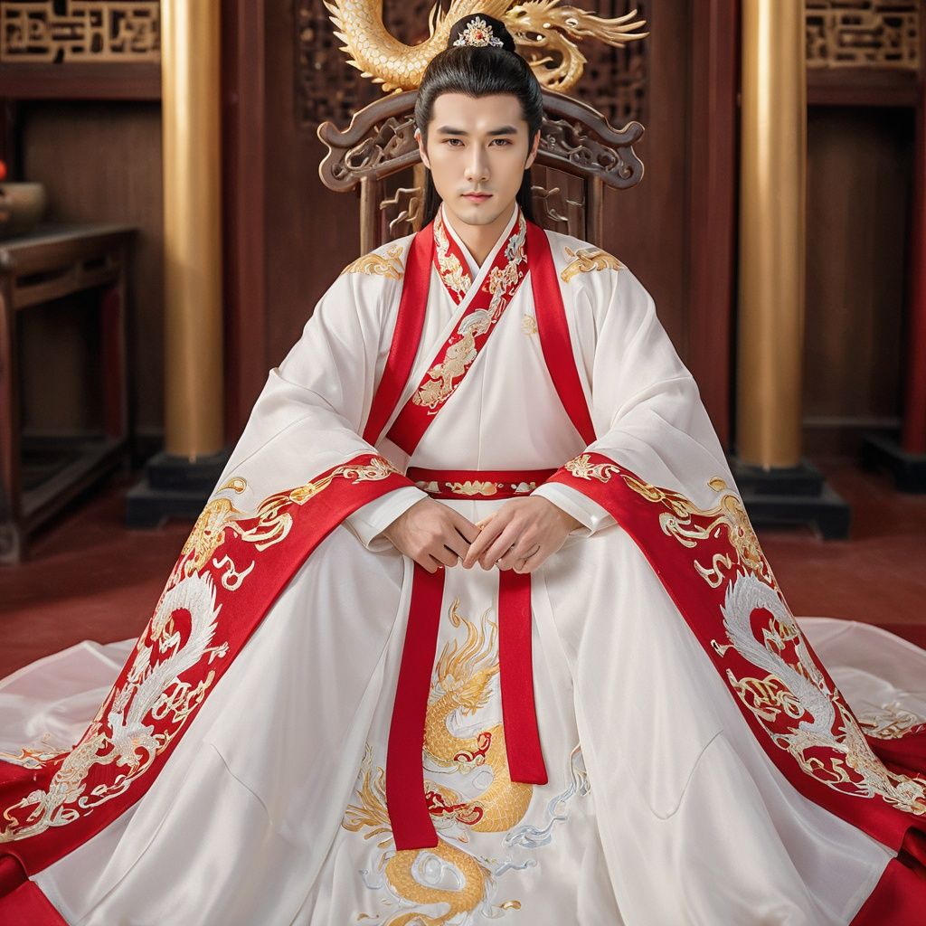  A majestic and handsome man dressed in a magnificent Hanfu, with dragon and phoenix embroidery, sitting on the throne in the palace, looking at me with a rich scene of details. His eyes are full of wisdom and authority, his clothing is gorgeous and exquisite, the dragon and phoenix embroidery details are amazing. The interior of the palace is luxuriously decorated with golden ornaments that shine brightly, making it look very noble. The entire scene is full of the royal atmosphere and solemn ceremony sense.