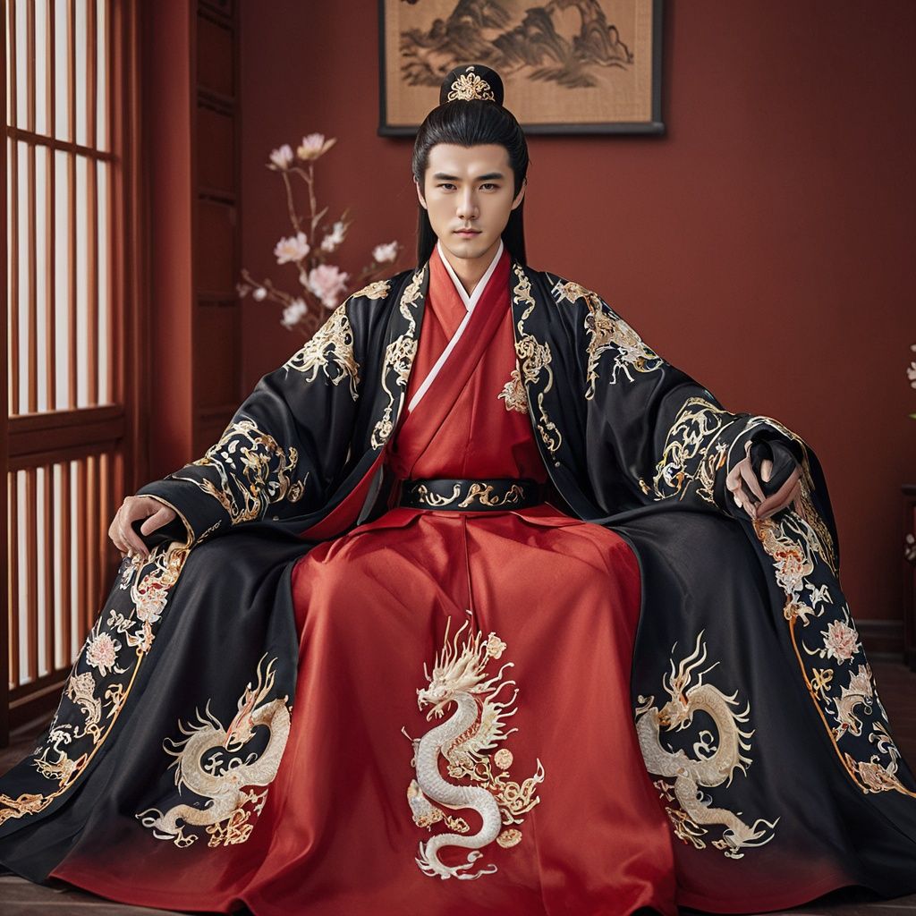  cinematic photo A handsome 30-year-old man wearing a black and magnificent Hanfu, with dragon and phoenix embroidery, sitting on the throne in an indoor setting, looking at me with a cold and majestic expression. The scene is richly detailed with Chinese architecture. A high-quality, full-body shot photo of the most beautiful artwork in the world featuring a Hanfu-clad man sitting on a throne in a palace, surrounded by rich cultural details, capturing the essence of ancient China, trending on ArtStation, trending on CGSociety, intricate, high detail, sharp focus, dramatic, photorealistic painting art by midjourney and greg rutkowski. . 35mm photograph, film, bokeh, professional, 4k, highly detailed