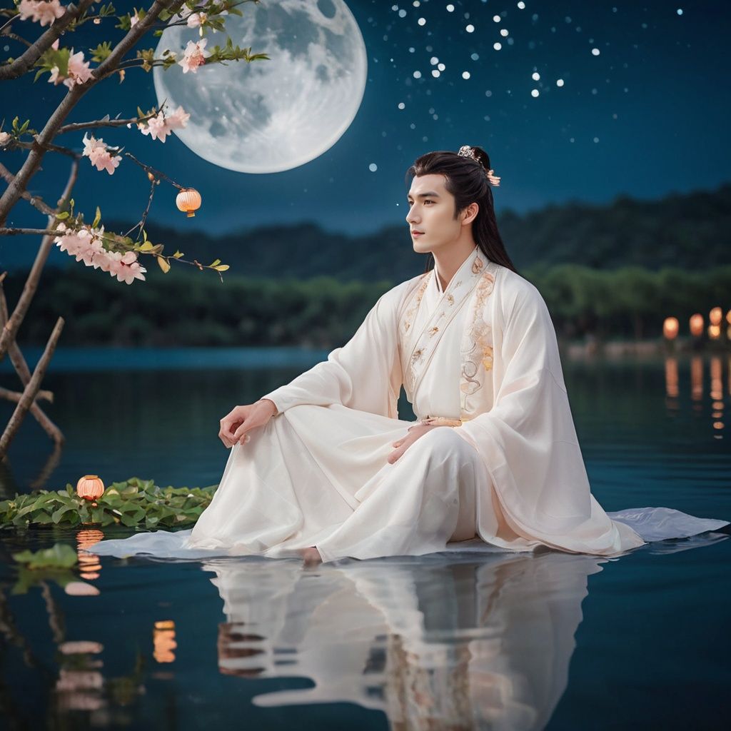  cinematic photo A handsome man dressed in a gorgeous white Hanfu, sitting on a peach tree at the center of the lake. His long hair flutters in the breeze, and he is barefoot, stepping lightly on the water. Peach petals and lanterns float on the surface of the lake, adding a touch of romance. The night sky is filled with colorful stars, and the full moon shines brightly. This is a mysterious and romantic night scene. . 35mm photograph, film, bokeh, professional, 4k, highly detailed