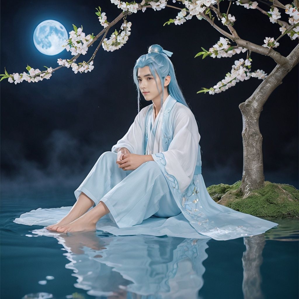  cinematic photo (best quality), (masterpiece), incredibly_absurdres, highly detailed, refined rendering, illustration, (highres), original, night_sky,(close_on:1.2), (close shot), (a boy:1.3) is (sitting on the tree) and soaking feet, [[light smile]], (baby_blue hair), very_long_hair, water inner hair, little double bun, (beautiful detailed eyes), (red eyes), floating ribbon,(peach blossom), flowers, (flower) tree, Petals on water, floating Petals, [[full moon]] . 35mm photograph, film, bokeh, professional, 4k, highly detailed
