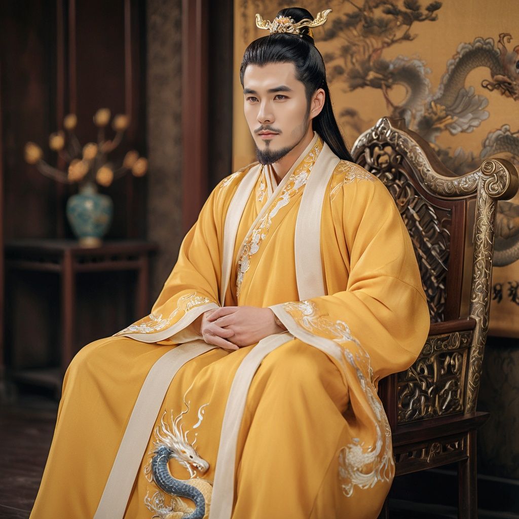  A majestic and handsome 30-year-old man with a beard, looking cold and imposing. He is dressed in a gorgeous golden Hanfu, with intricate dragon and phoenix embroidery on the dragon robe. He sits on the throne in the palace, gazing at you intently. The rich scene details present a magnificent picture.