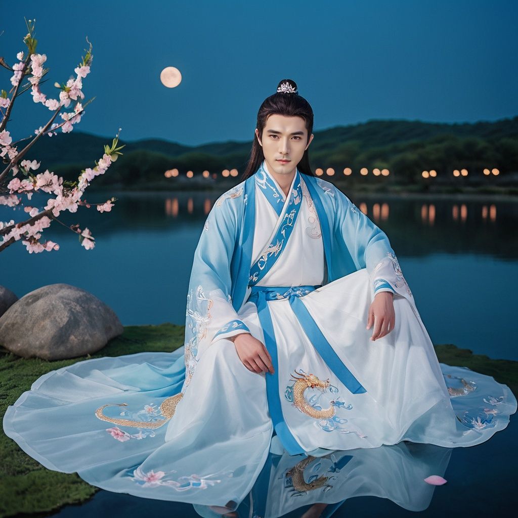  cinematic photo A handsome man sitting on a peach blossom branch in the center of the lake, wearing a gorgeous blue Hanfu with dragon and phoenix embroidery, long hair, bare feet, peach blossom petals floating on the water. The night sky is full of stars, with a full moon. A rich and beautiful scene. . 35mm photograph, film, bokeh, professional, 4k, highly detailed