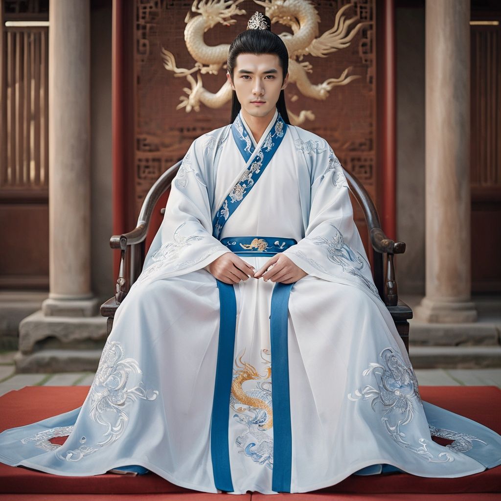  cinematic photo A handsome 30-year-old man wearing a black and magnificent Hanfu, with dragon and phoenix embroidery, sitting on the throne in an indoor setting, looking at me with a cold and majestic expression. The scene is richly detailed with Chinese architecture. A high-quality, full-body shot photo of the most beautiful artwork in the world featuring a Hanfu-clad man sitting on a throne in a palace, surrounded by rich cultural details, capturing the essence of ancient China, trending on ArtStation, trending on CGSociety, intricate, high detail, sharp focus, dramatic, photorealistic painting art by midjourney and greg rutkowski. . 35mm photograph, film, bokeh, professional, 4k, highly detailed