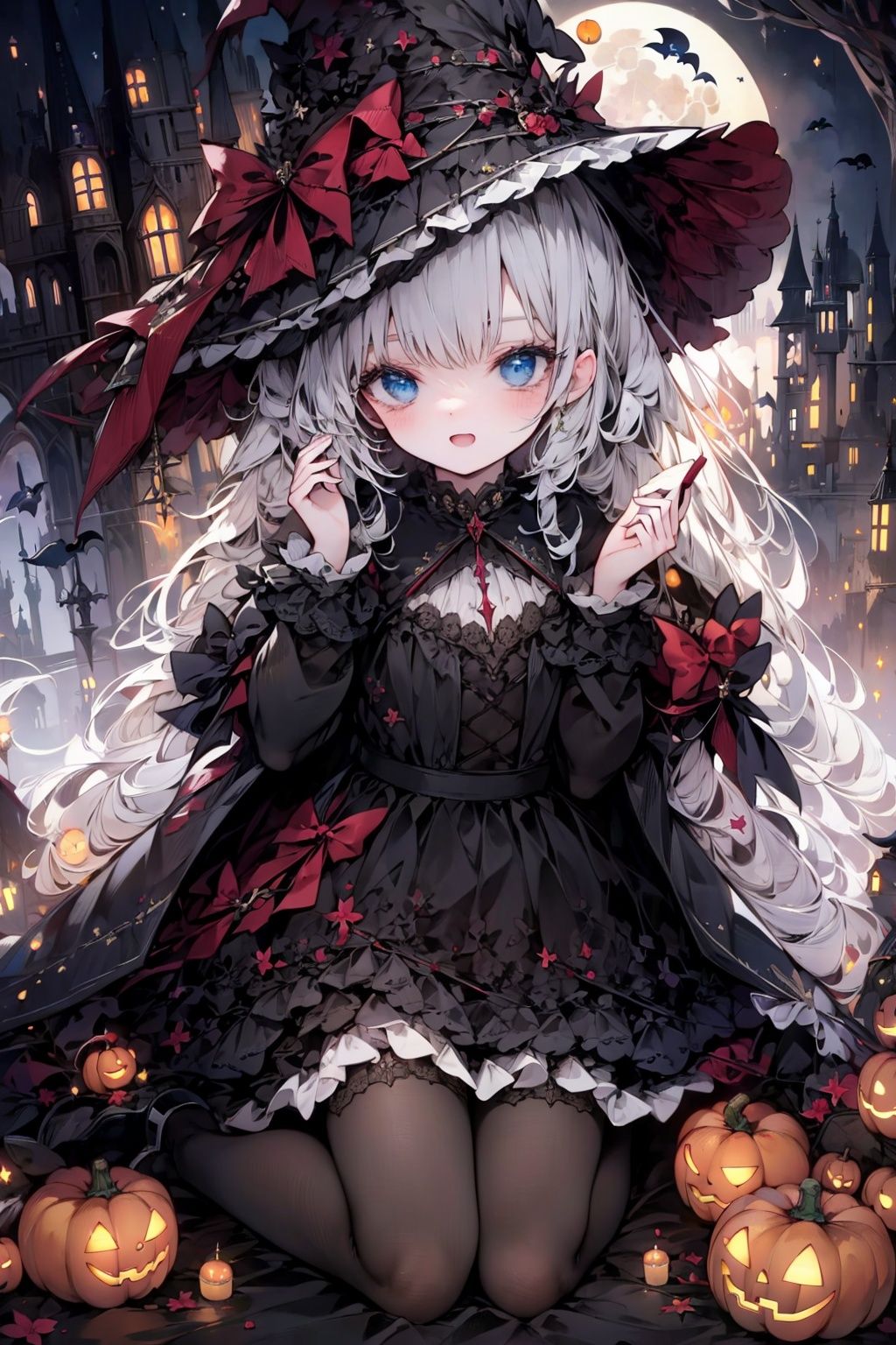  (best quality), ((masterpiece)), (highres), illustration, original, extremely detailed, cinematic lighting, dramatic angle,extremely detailed CG unity 8k wallpaper,cinematic highlight ,studio photography,ex detailed light

 1 girl,full body,solo,witch,silver hair,blue eyes,winking,laughing happily,open mouth

kneel_length_black dress,magic wand,witch cap,garter stockings,sit on broomstick elegantly

dark castle,full moon,dark night,Halloween


