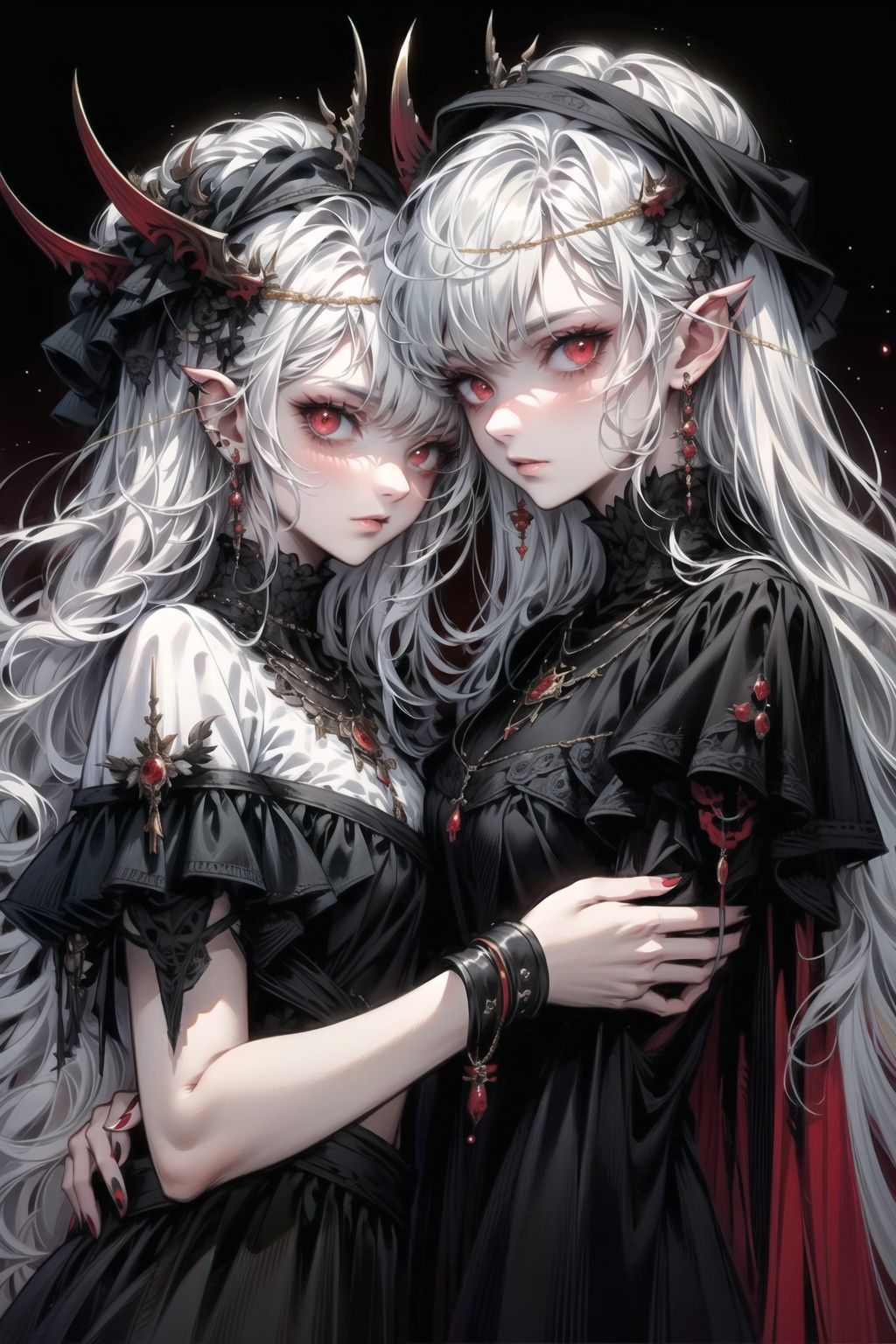  Best quality,8k,cg,2_girls,monster,red-eye,Black clothes,nail,A girl holding another girl,One black hair and one white hair,headwear,necklace