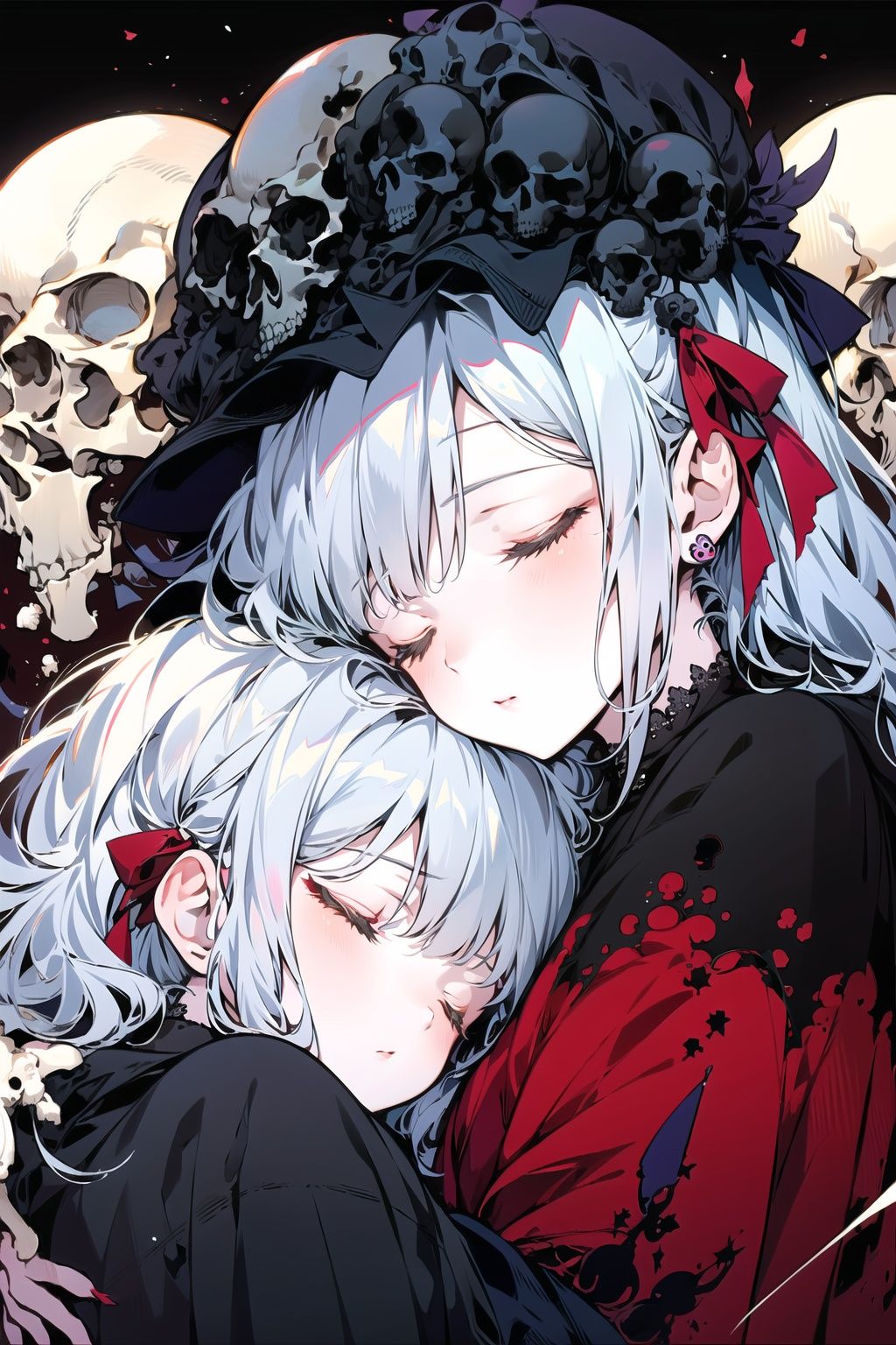  Best quality,8k,cg,1girl,Sleeping next to a skull