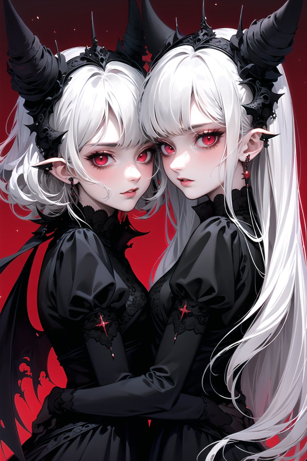  Best quality,8k,cg,2_girls,monster,red-eye,Black clothes