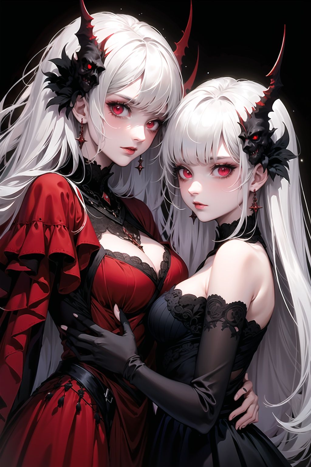  Best quality,8k,cg,2_girls,monster,red-eye,Black clothes