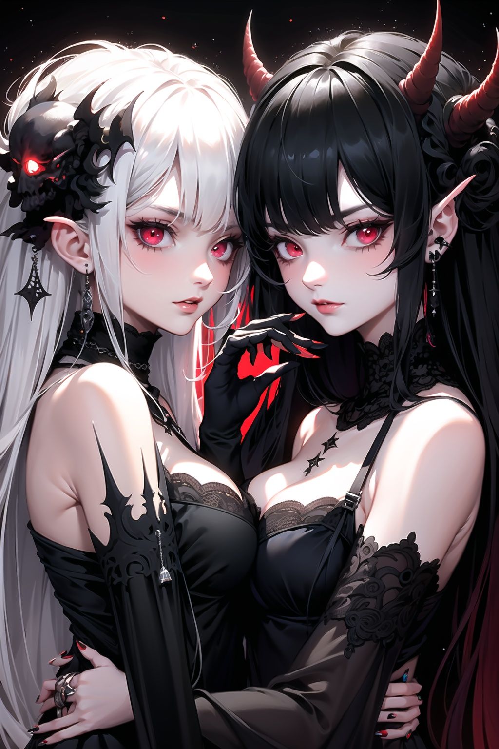  Best quality,8k,cg,2_girls,monster,red-eye,Black clothes,nail