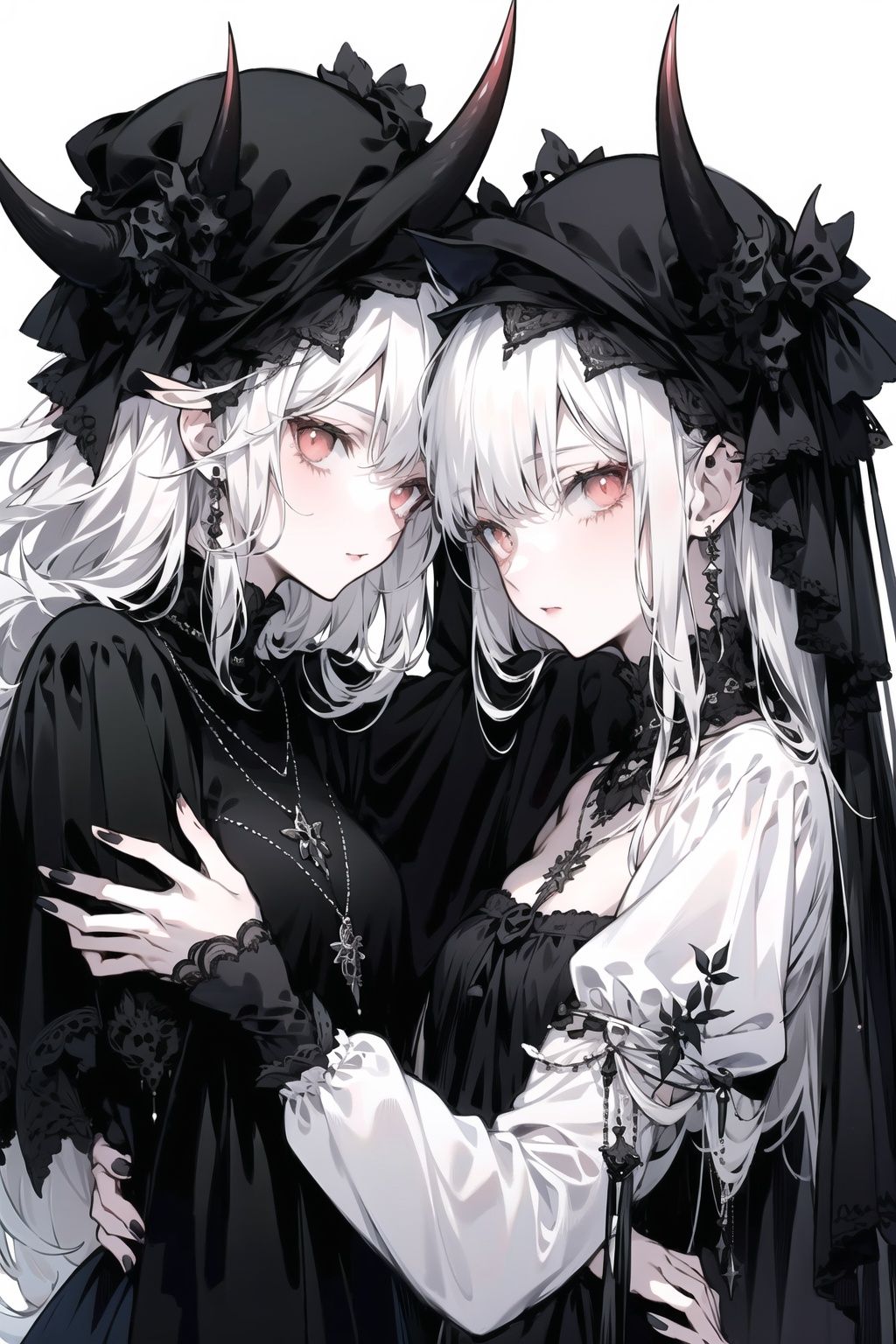  Best quality,8k,cg,2_girls,monster,Black clothes,nail,A girl holding another girl,One black hair and one white hair,headwear,necklace,on black,horn,A girl lies in the arms of another girl