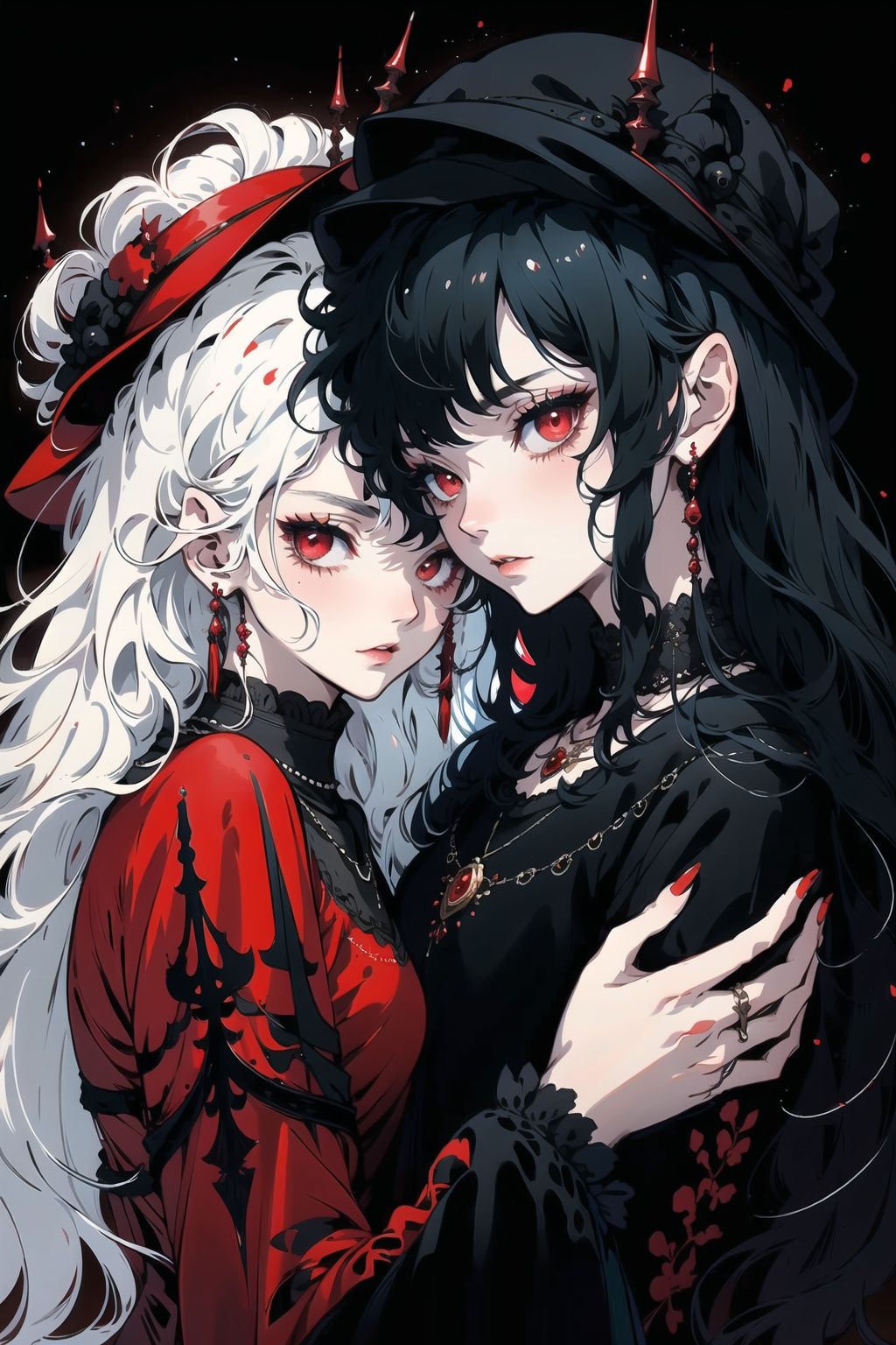  Best quality,8k,cg,2_girls,monster,red-eye,Black clothes,nail,A girl holding another girl,One black hair and one white hair,headwear,necklace,on black