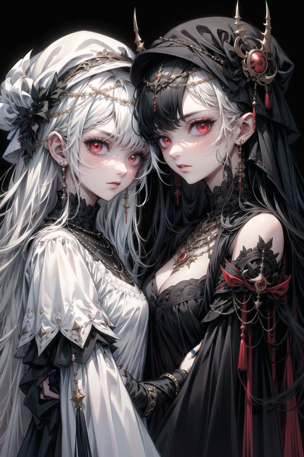  Best quality,8k,cg,2_girls,monster,red-eye,Black clothes,nail,A girl holding another girl,One black hair and one white hair,headwear,necklace
